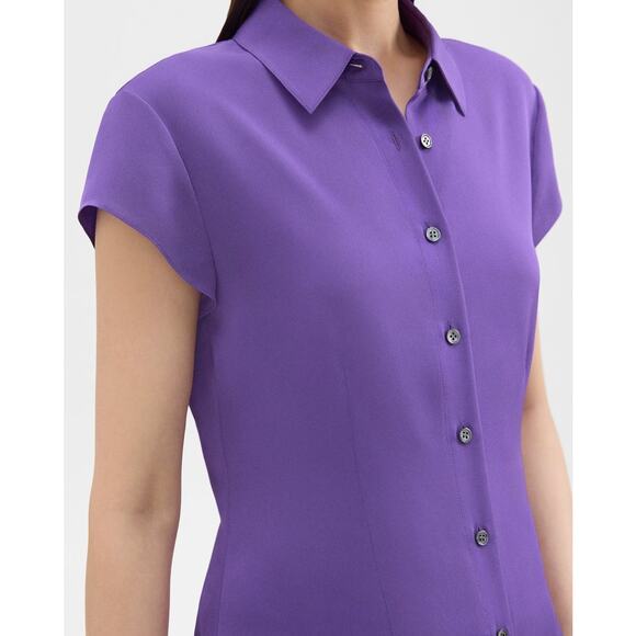 NWT Theory XL Cap Sleeve Blouse Top 100% Silk Georgette Bright Peony Purple - Picture 3 of 13